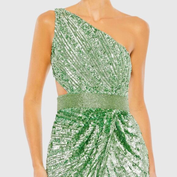 New MAC DUGGAL 5687 Sequined One Shoulder Gown Lace Up Back Sage 10 MSRP $598 - Picture 3 of 6